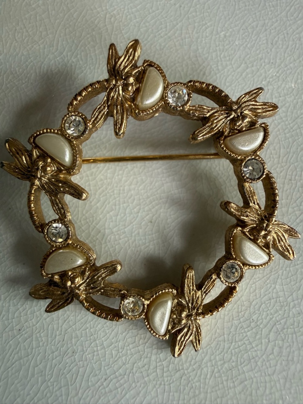 Vintage Dragonfly Brooch with Pearl & Rhinestone Gold-Tone Wreath